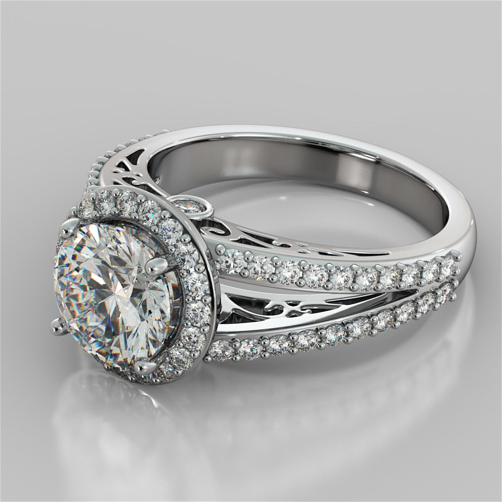 1.5Ct Round Cut Lab Grown Diamond Engagement Ring with Filigree Split Shank