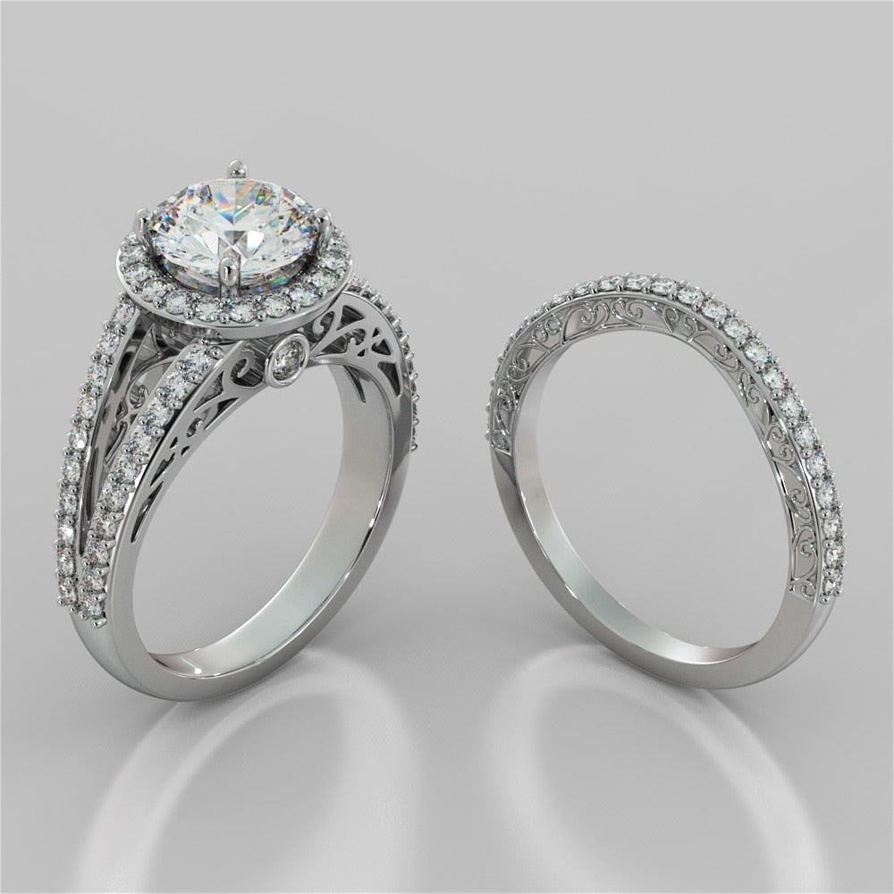 1.5Ct Round Cut Lab Grown Diamond Engagement Ring with Filigree Split Shank