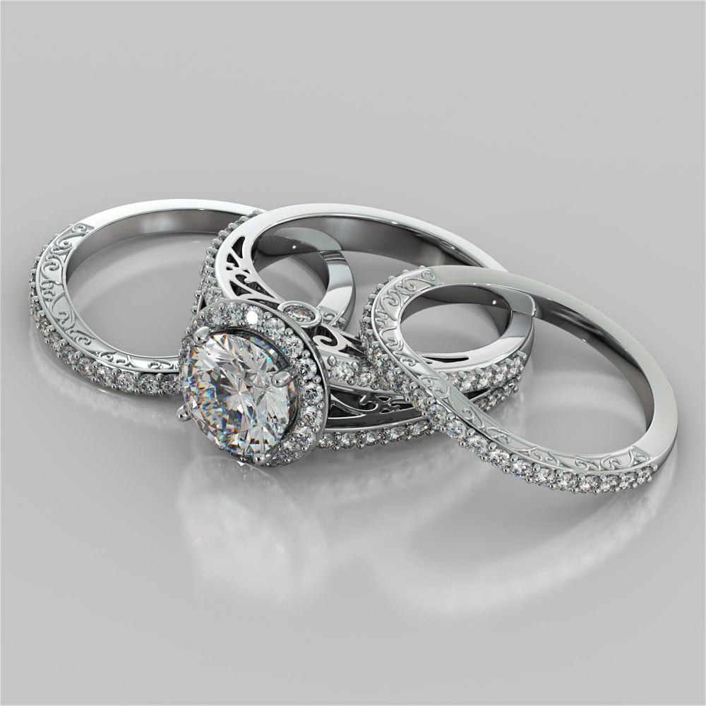 Accented Filigree Style Round Cut Trio-Wedding Set