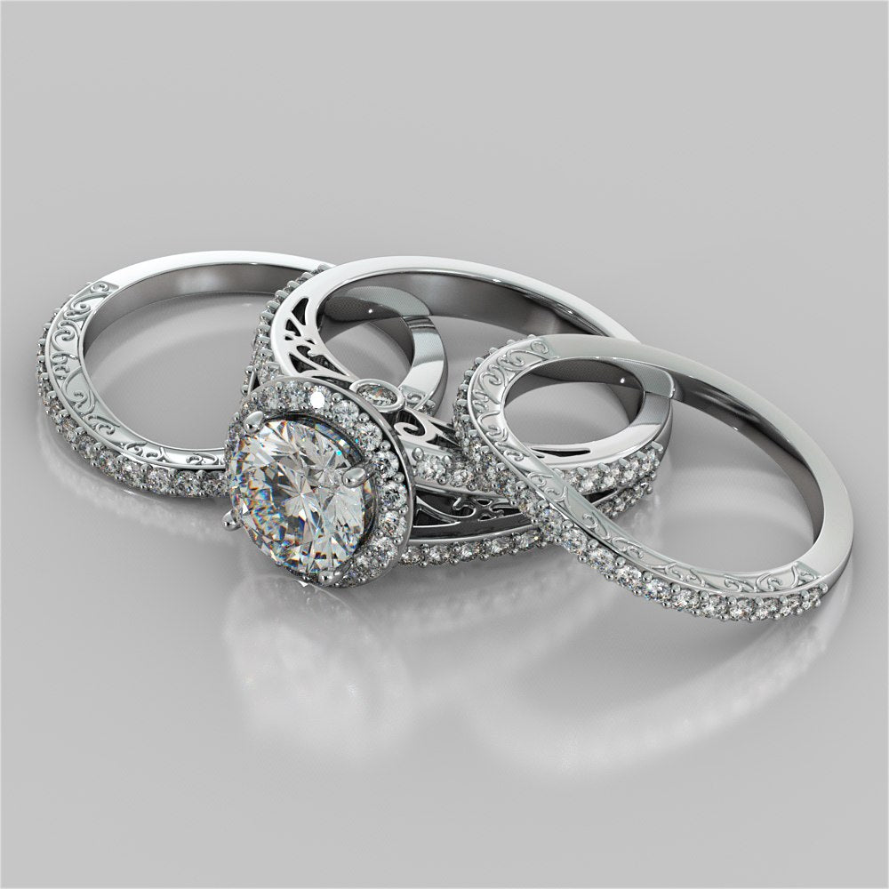 1.5Ct Round Cut Lab Grown Diamond Engagement Ring with Filigree Split Shank