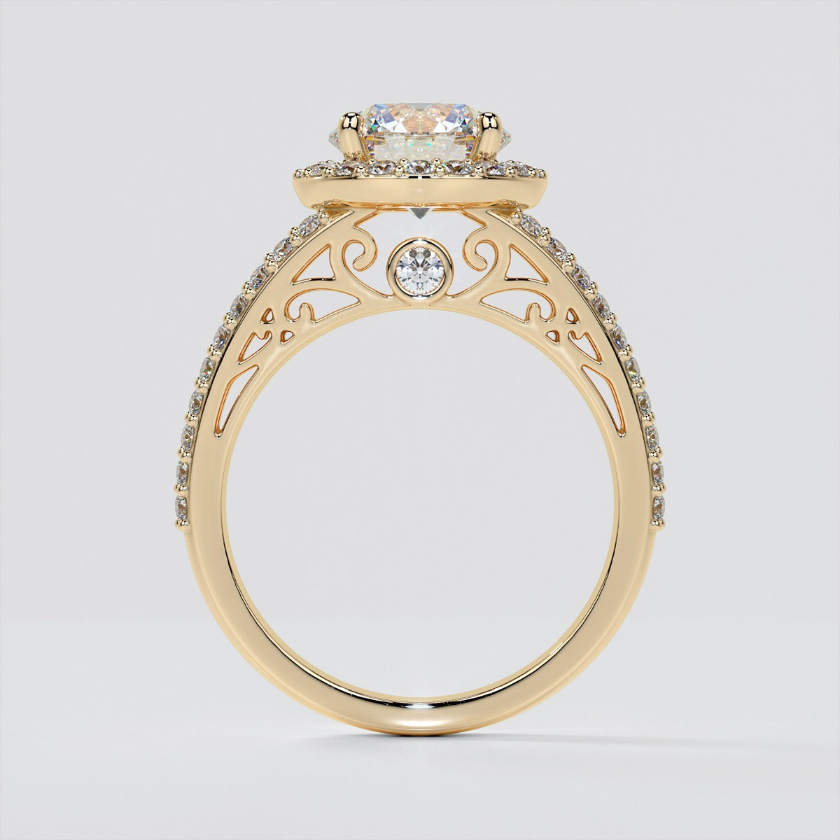 1.5Ct Round Cut Lab Grown Diamond Engagement Ring with Filigree Split Shank