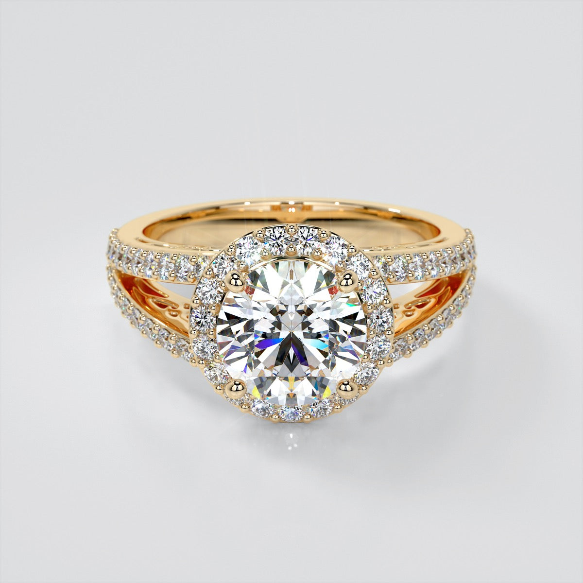 Round Cut Engagement Ring with Filigree Split Shanks