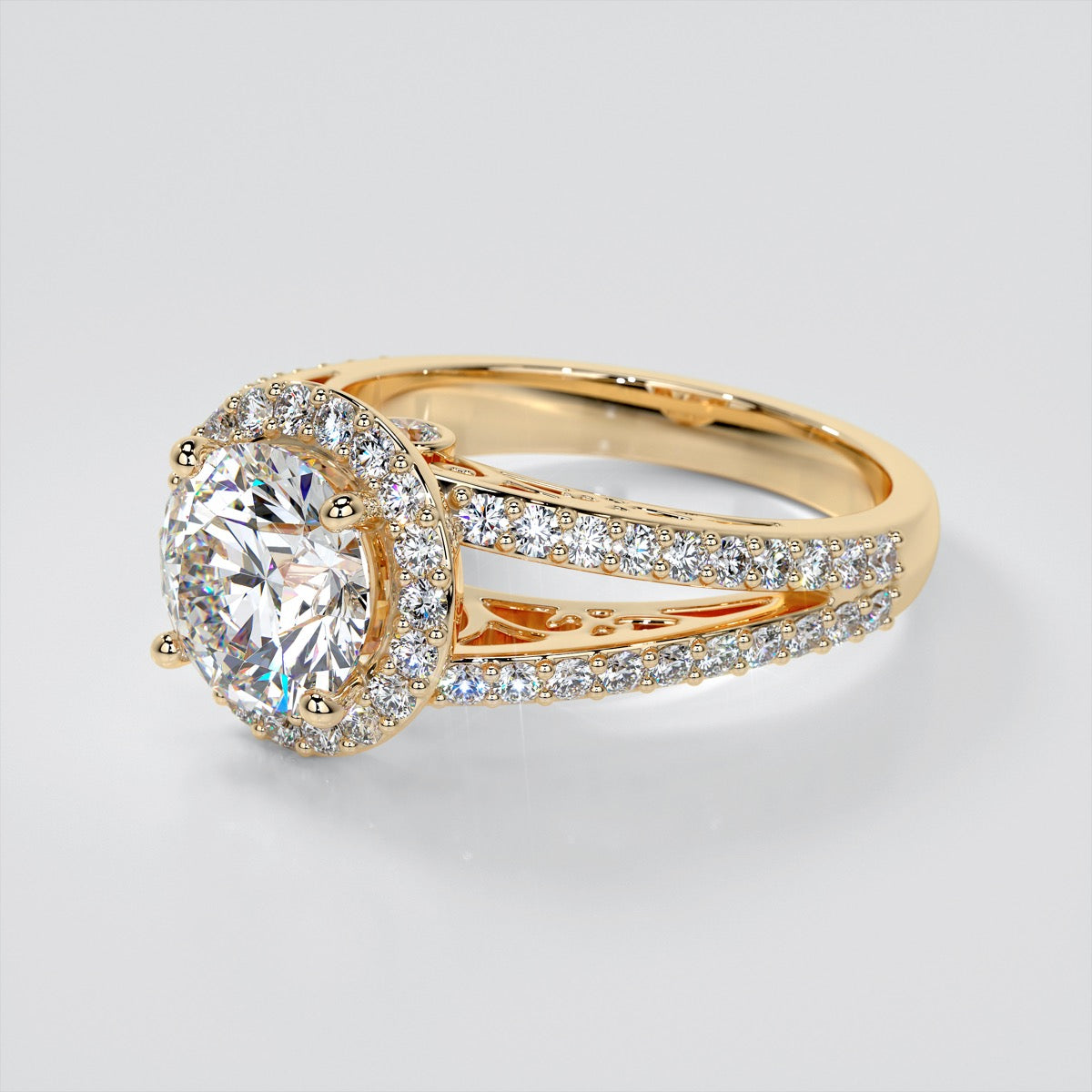 Round Cut Engagement Ring with Filigree Split Shanks