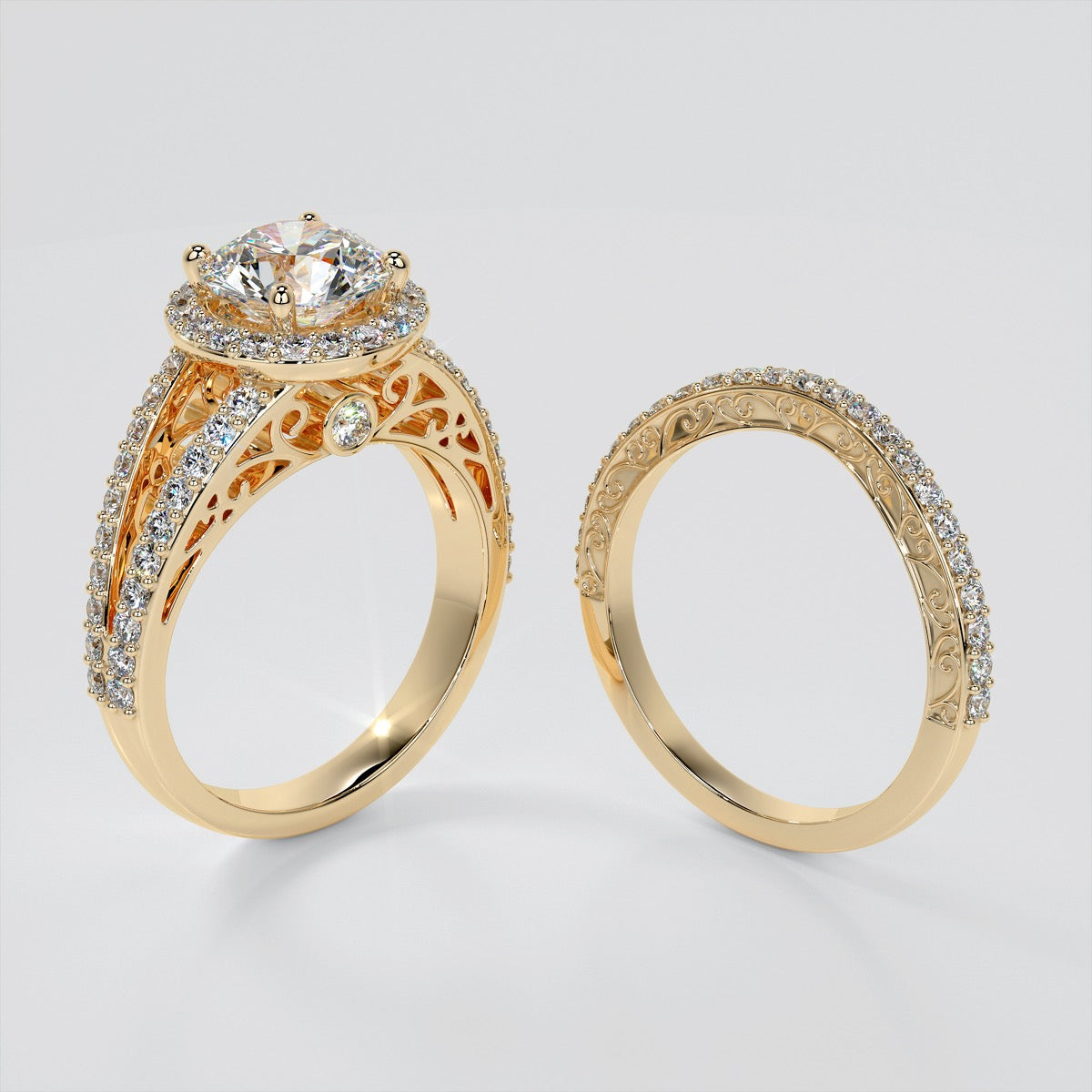 Vintage Round Cut Filigree Setting Wedding Set