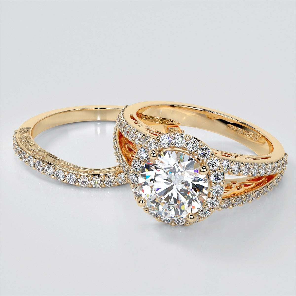1.5Ct Round Cut Lab Grown Diamond Engagement Ring with Filigree Split Shank