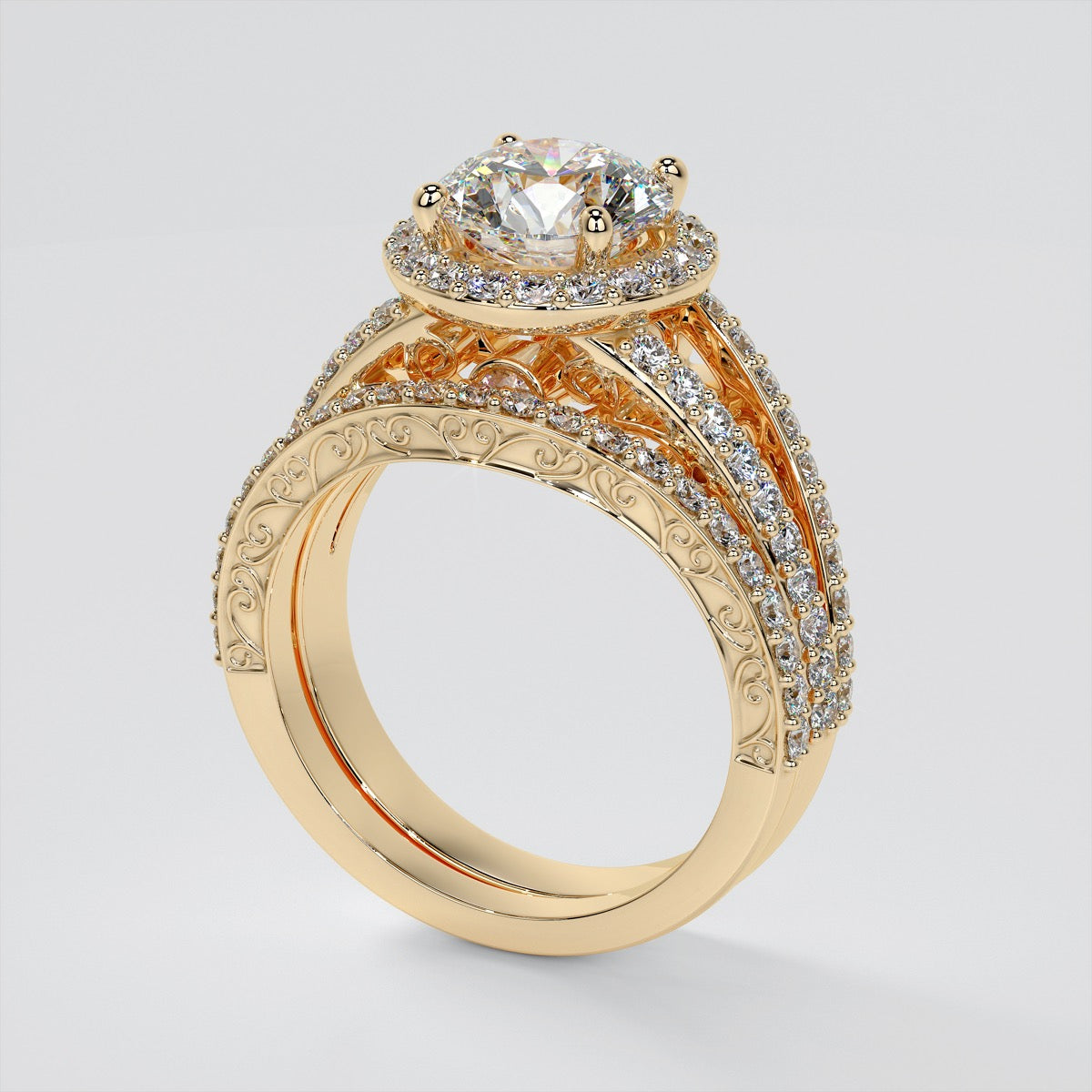 Accented Filigree Style Round Cut Trio-Wedding Set