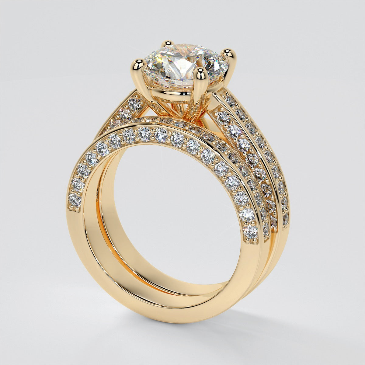 Round Cut Cathedral Style Trio-Wedding Set with Channel Set Accents