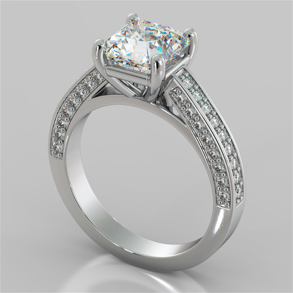 2.0Ct Asscher Cut Lab Grown Diamond Channel Set Cathedral Engagement Ring with Accents