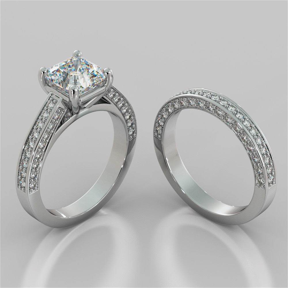 2.0Ct Asscher Cut Lab Grown Diamond Channel Set Cathedral Engagement Ring with Accents