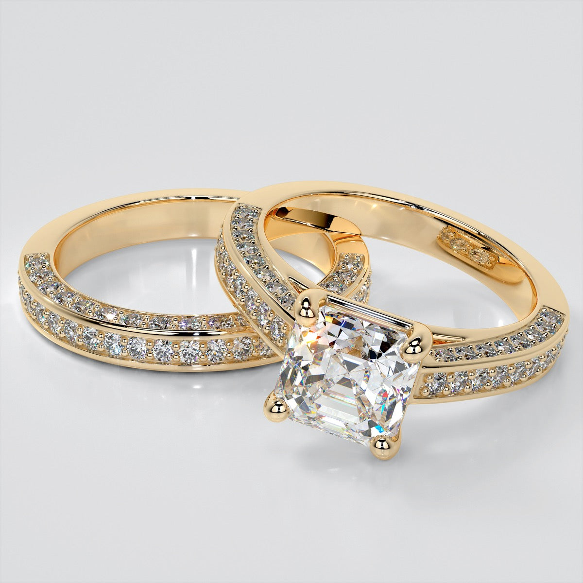 Asscher Cut Cathedral Style Wedding Set with Accents