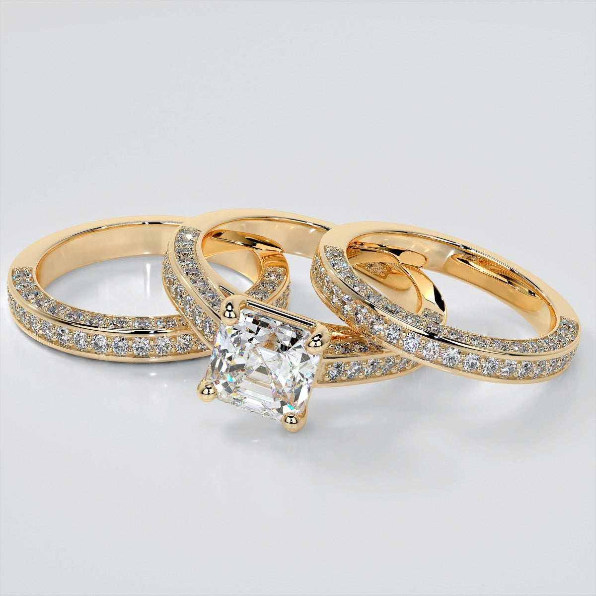 Cathedral Style Asscher Cut Trio-Wedding Set with Round Accents