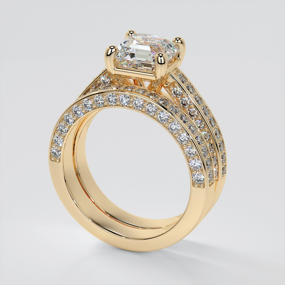 Asscher Cut Cathedral Style Wedding Set with Accents