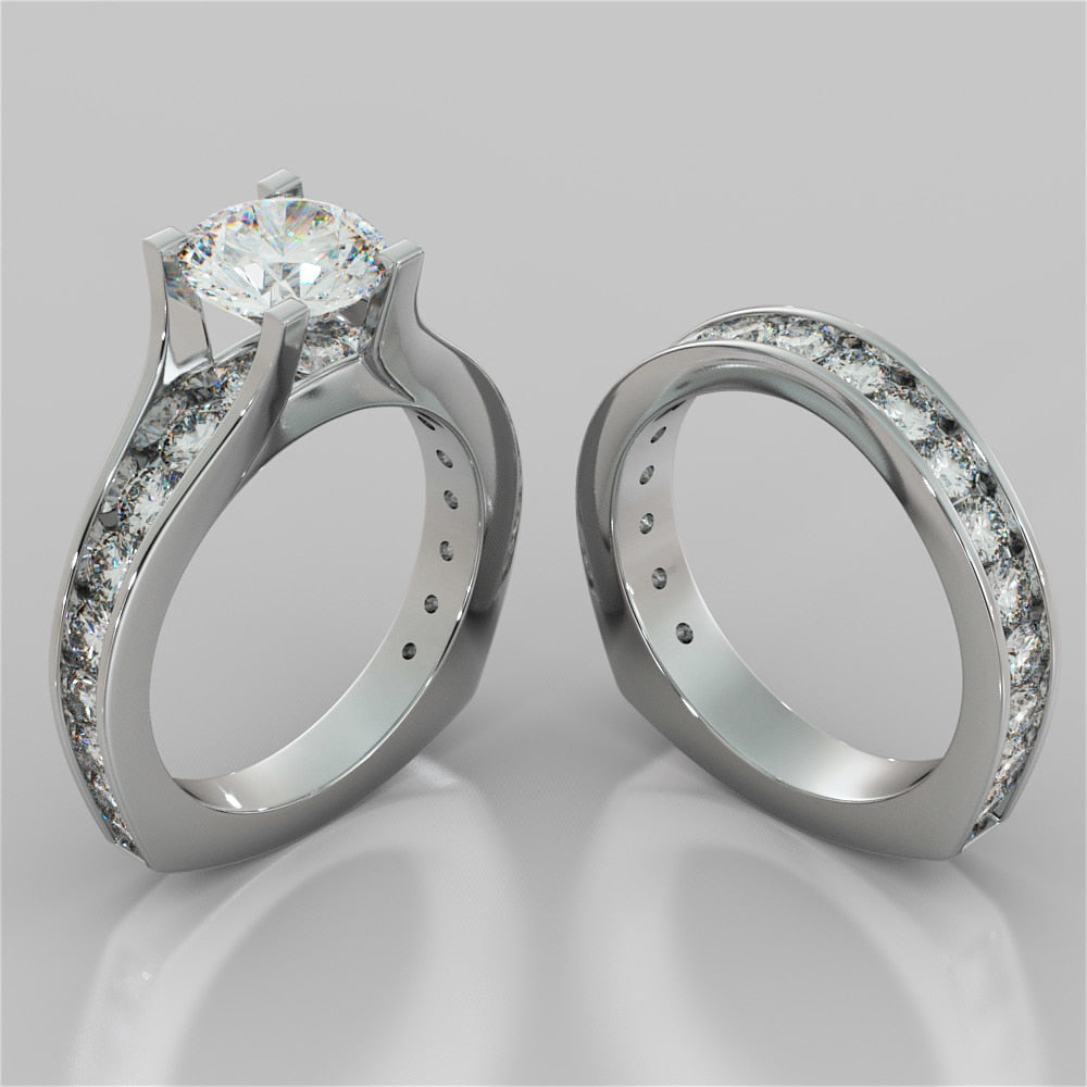 2.0Ct Round Cut Lab grown Diamond Engagement Ring with Channel Set Accents Euro Style