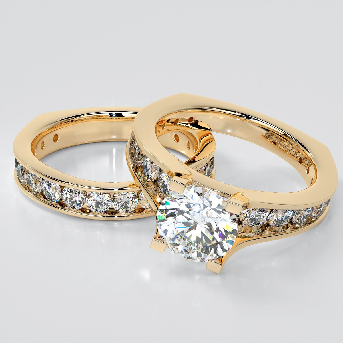 Round Cut Channel Bridge Trio-Wedding Set and Euro Shanks
