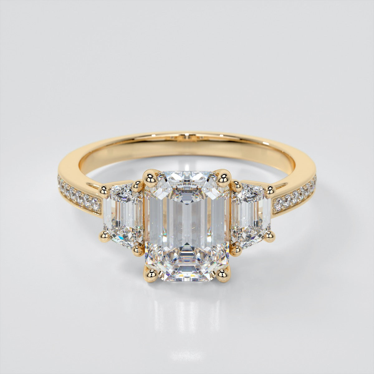 2.94Ct Emerald Cut Lab Grown Diamond Three-Stone Engagement Ring in 14K Yellow Gold - VVS Clarity - F Color