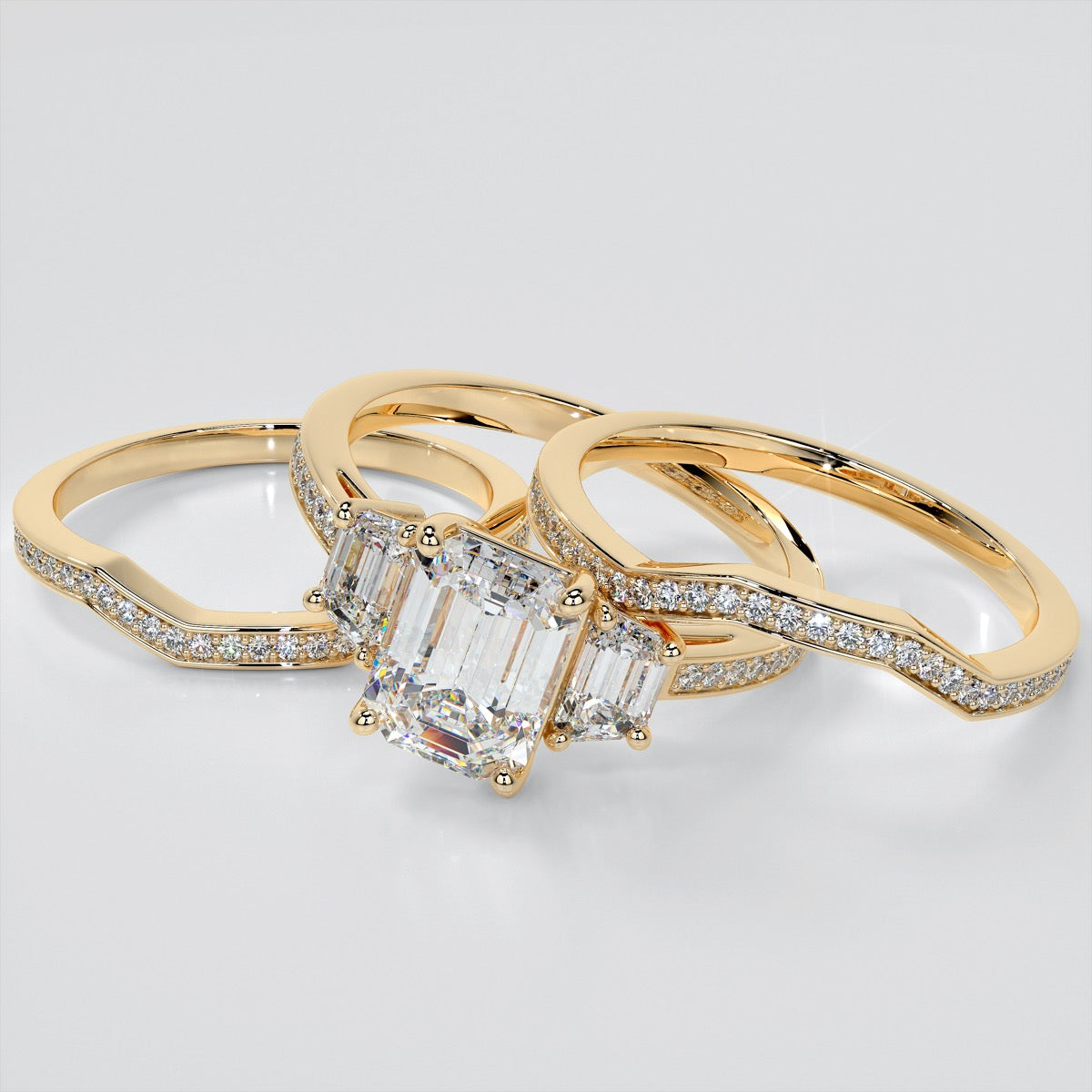 2.94Ct Emerald Cut Lab Grown Diamond Three-Stone Engagement Ring in 14K Yellow Gold - VVS Clarity - F Color