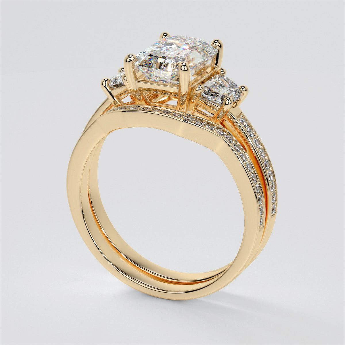 Lab Grown Diamond Emerald Cut Three-Stone Engagement Ring With Trapezoid Accents