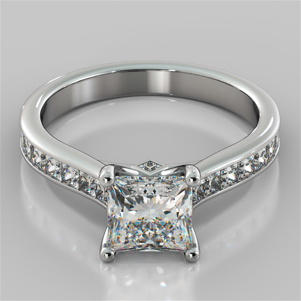2.64Ct Princess Cut Channel Set Cathedral Style Engagement Ring in 14K White Gold
