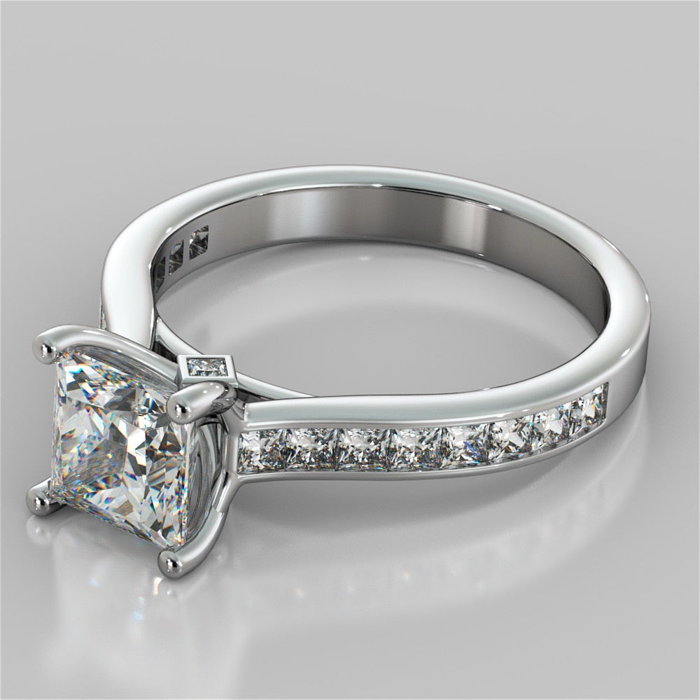 2.64Ct Princess Cut Channel Set Cathedral Style Engagement Ring in 14K White Gold