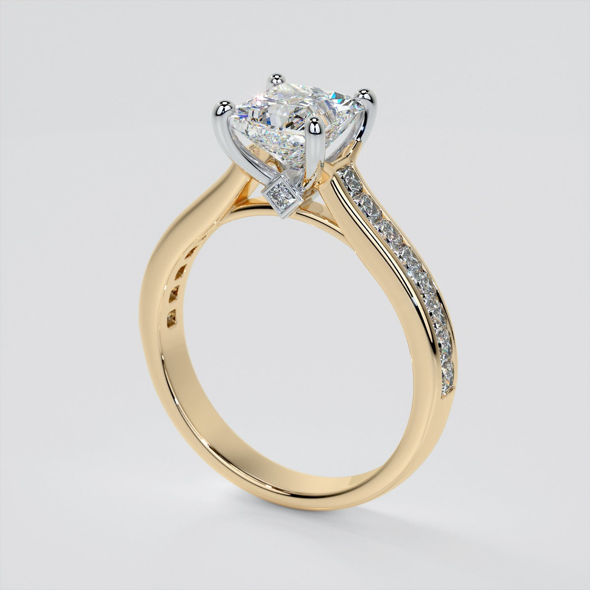 Princess Cut Channel Set Cathedral Style Wedding Set With 2 Matching Bands