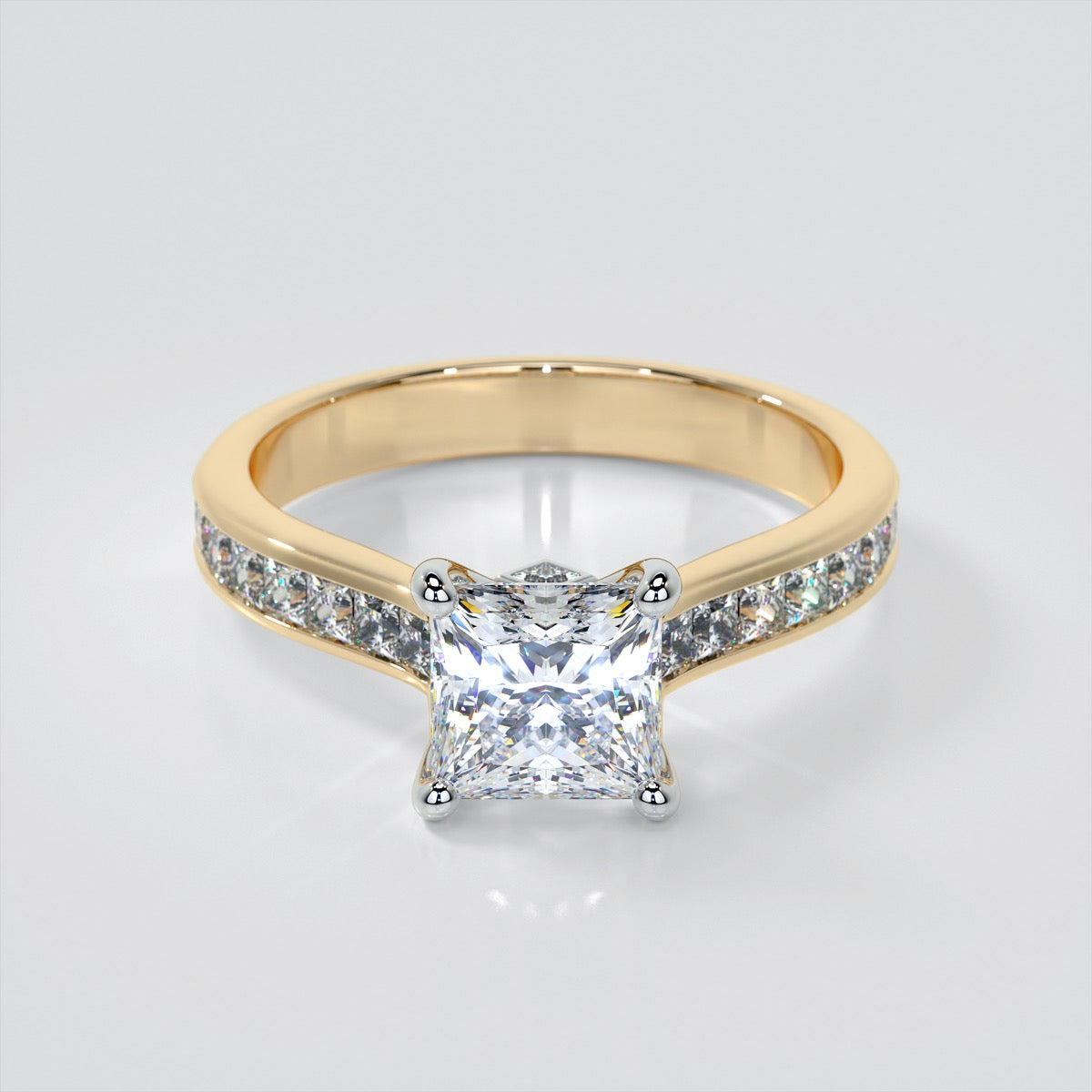 Princess Cut Channel Set Cathedral Style Wedding Set With 2 Matching Bands