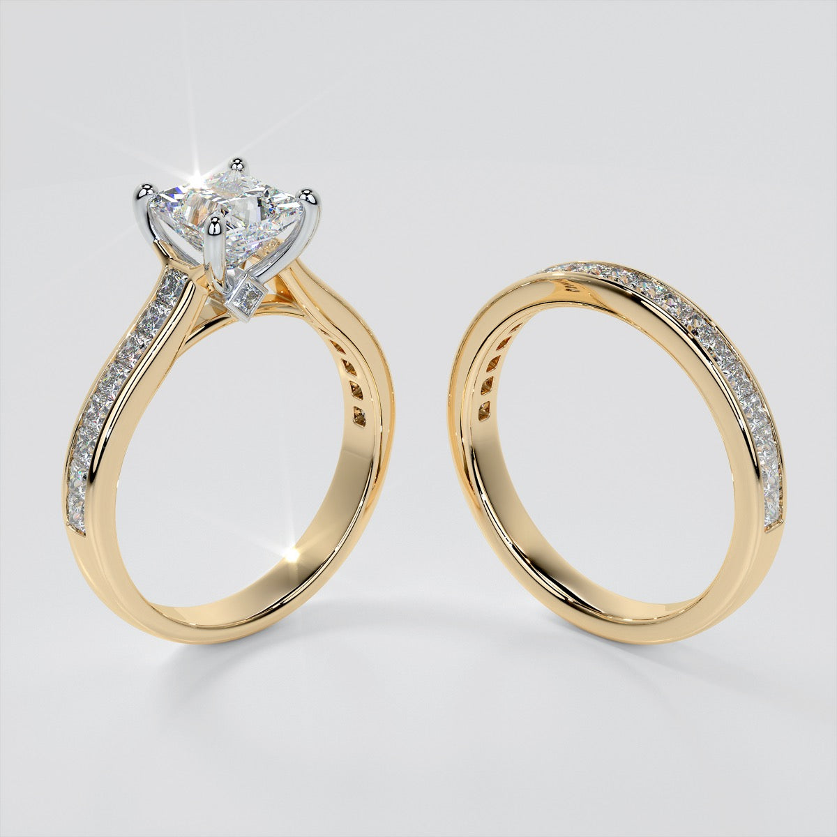 Princess Cut Channel Set Cathedral Style Wedding Set With 2 Matching Bands