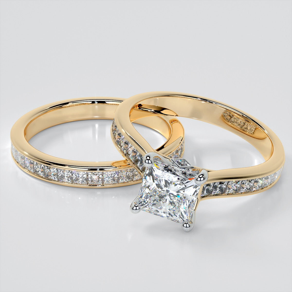 Princess Cut Channel Set Cathedral Style Wedding Set With 2 Matching Bands