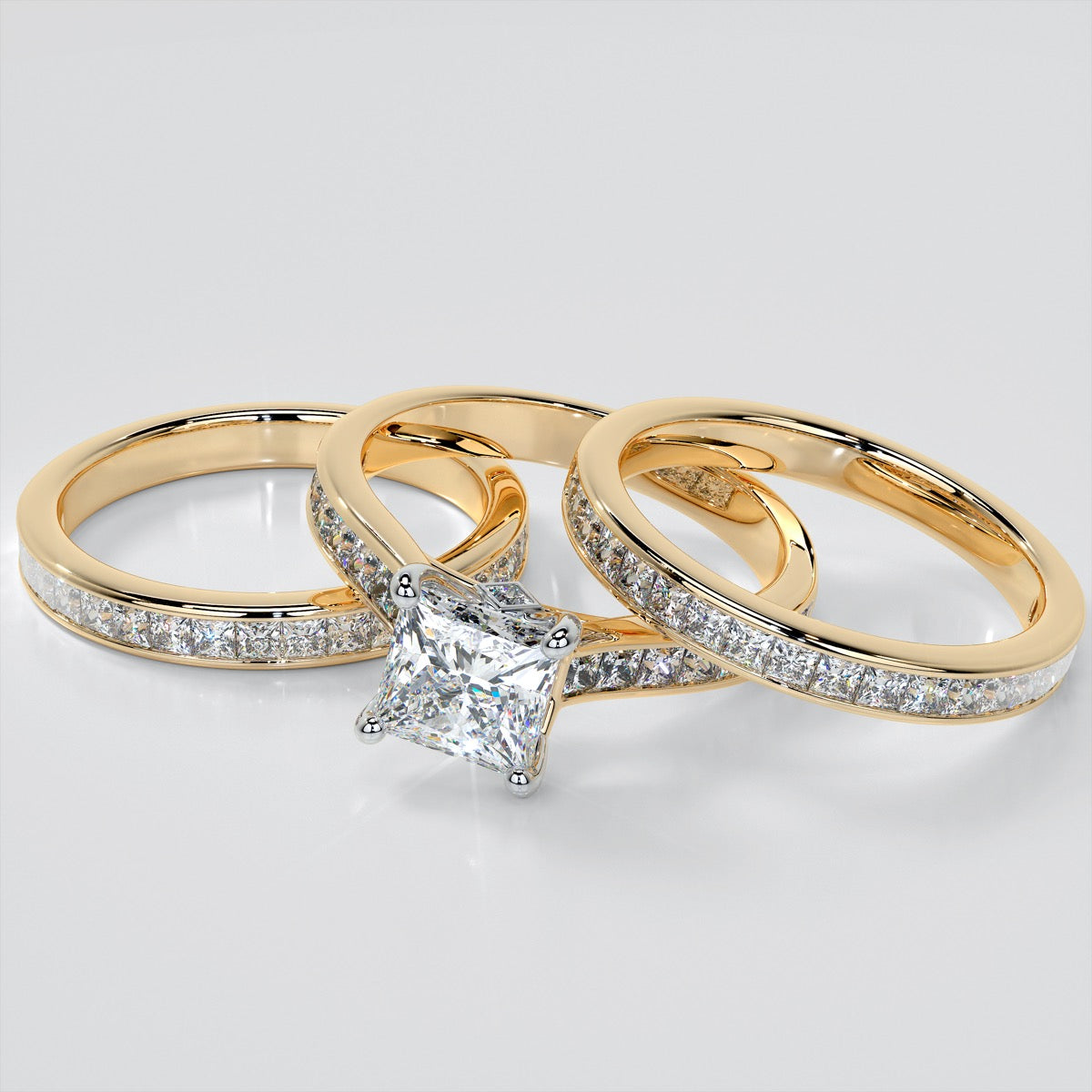 Princess Cut Channel Set Cathedral Style Wedding Set With 2 Matching Bands