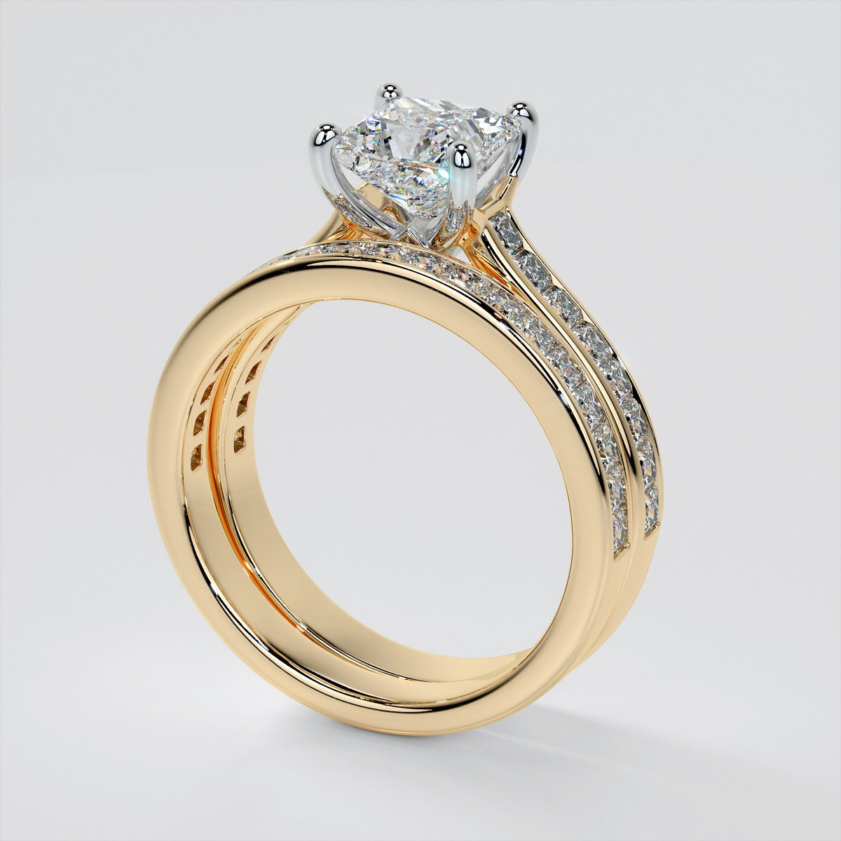 Princess Cut Channel Set Cathedral Style Wedding Set With 2 Matching Bands