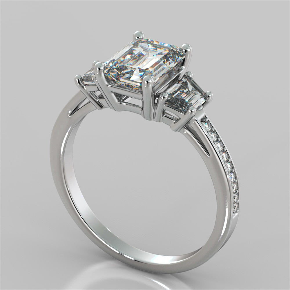 Radiant Cut Three-Stone Engagement Ring With Trapezoids