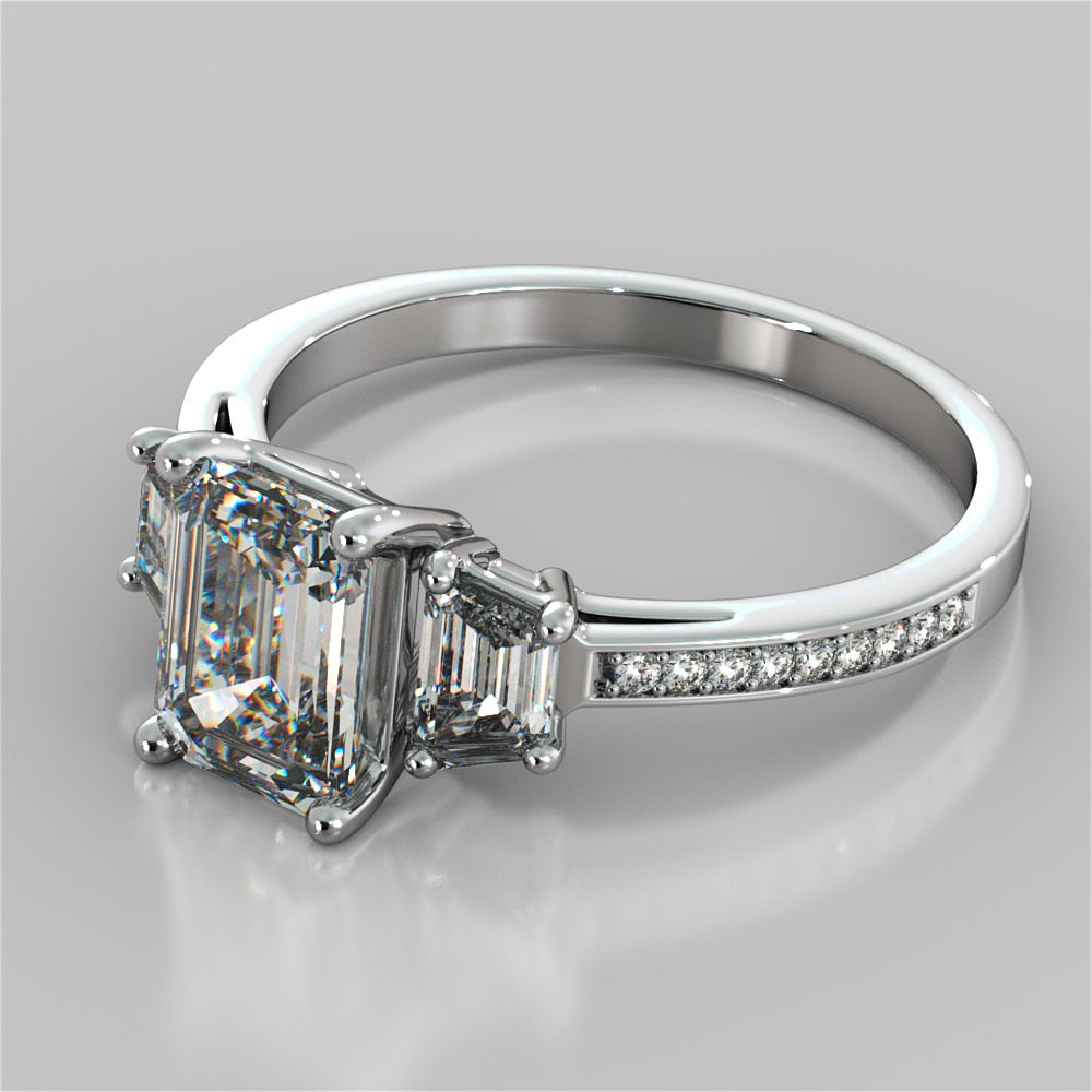 Lab Grown Diamond Radiant Cut Three-Stone Engagement Ring With Trapezoids