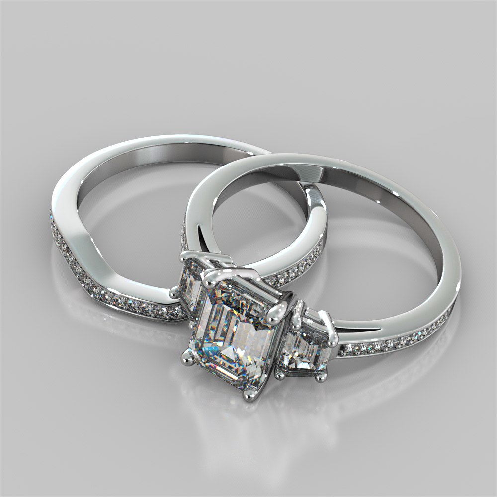 Radiant Cut Three Stone Wedding Set With Trapezoids