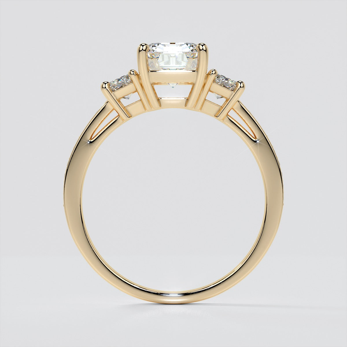 Radiant Cut Three-Stone Engagement Ring With Trapezoids
