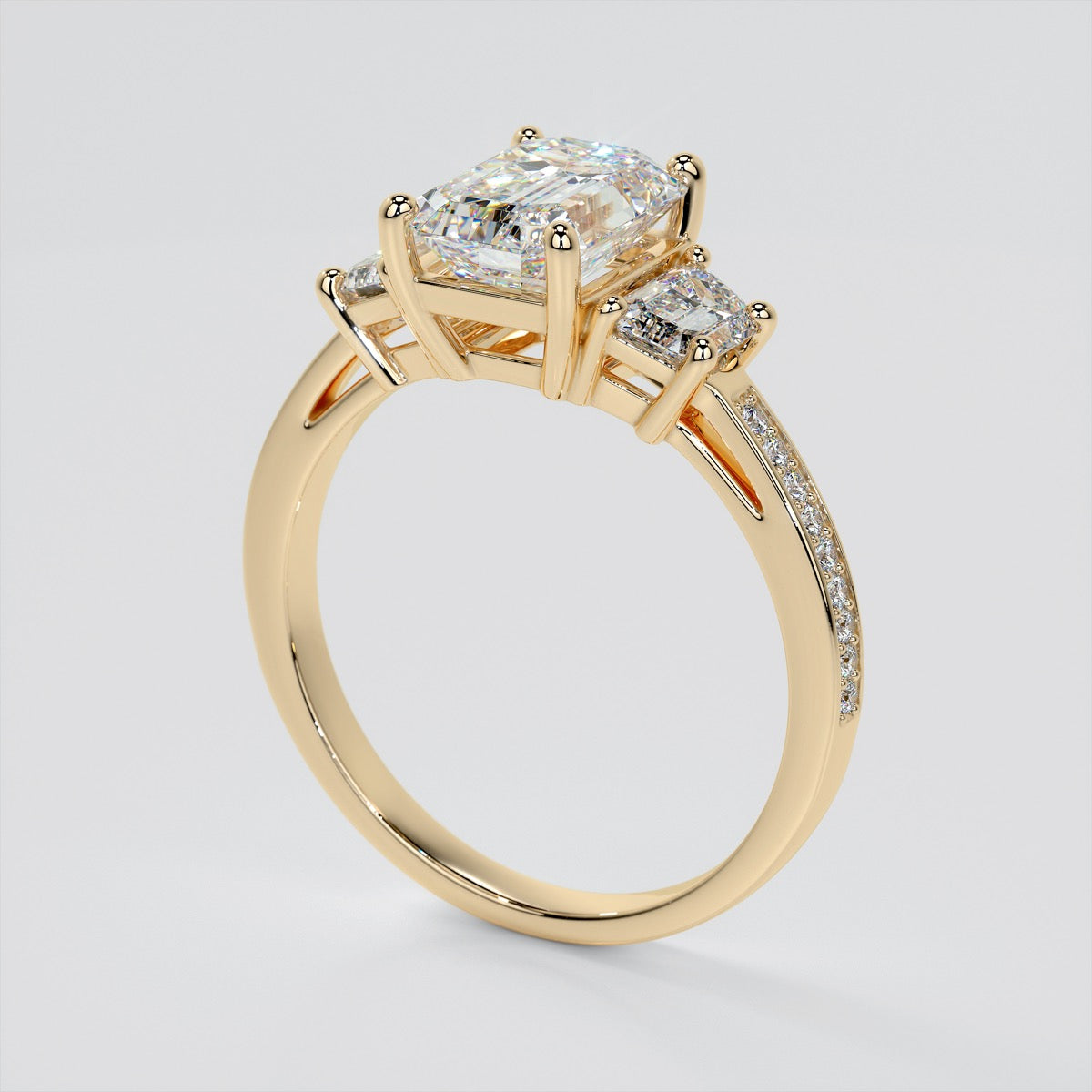 Radiant Cut Three-Stone Engagement Ring With Trapezoids