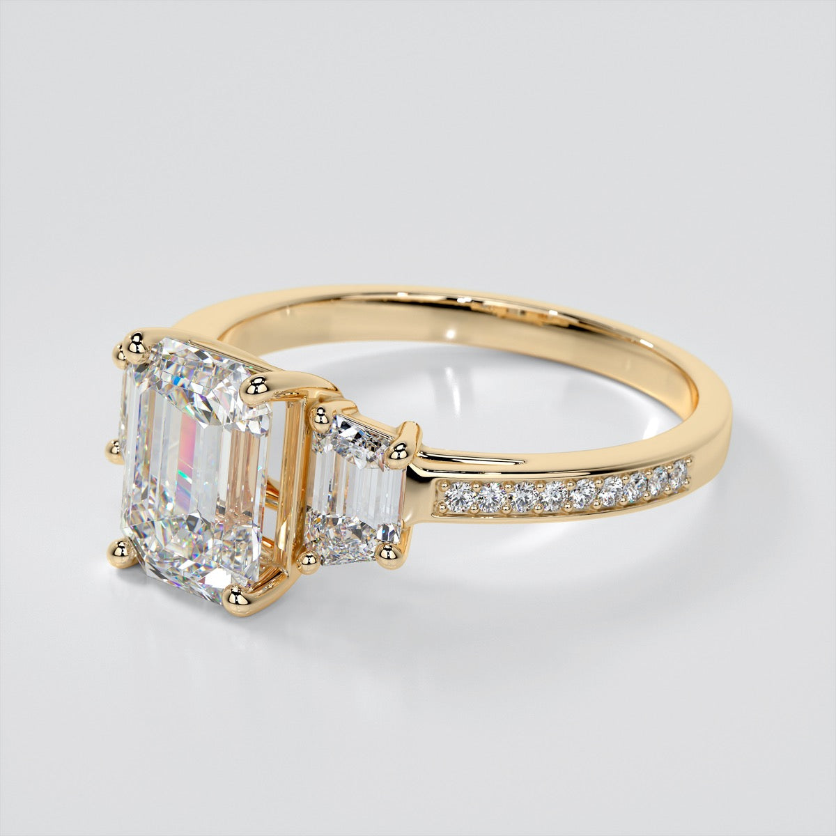 Radiant Cut Three-Stone Engagement Ring With Trapezoids