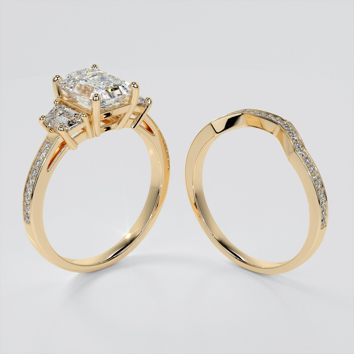 Radiant Cut Three-Stone Engagement Ring With Trapezoids