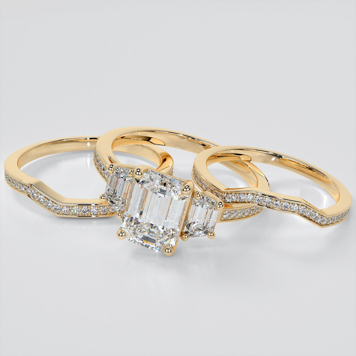 Radiant Cut Three-Stone Engagement Ring With Trapezoids