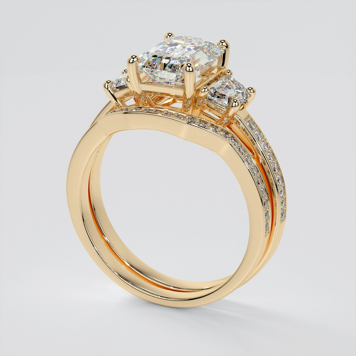 Radiant Cut Three-Stone Engagement Ring With Trapezoids