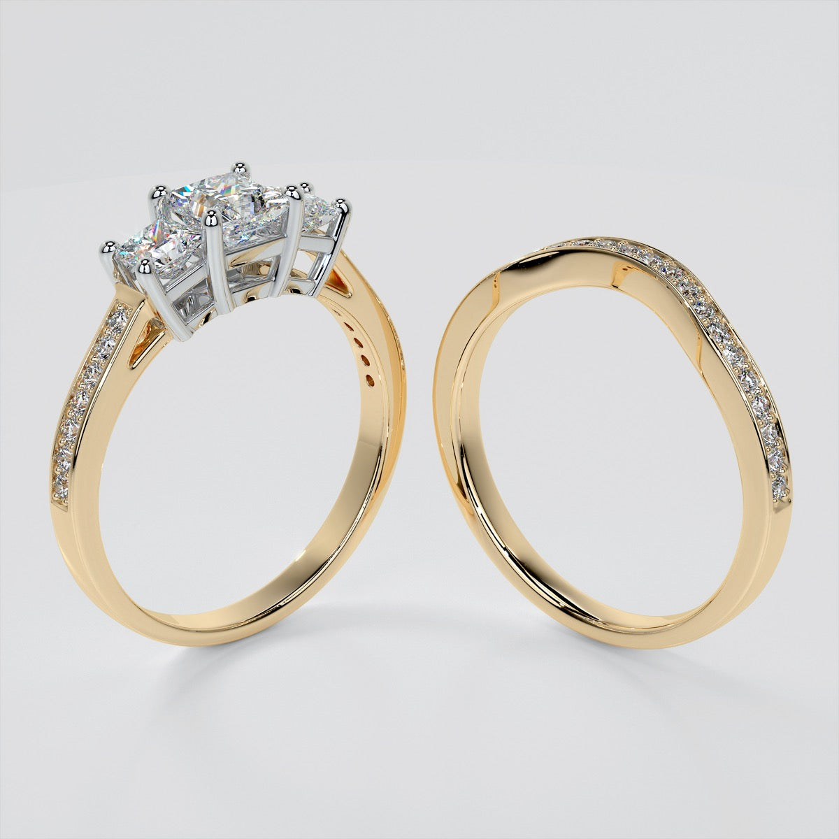 Princess Cut Accented Three Stone Wedding Set With 2 Matching Bands