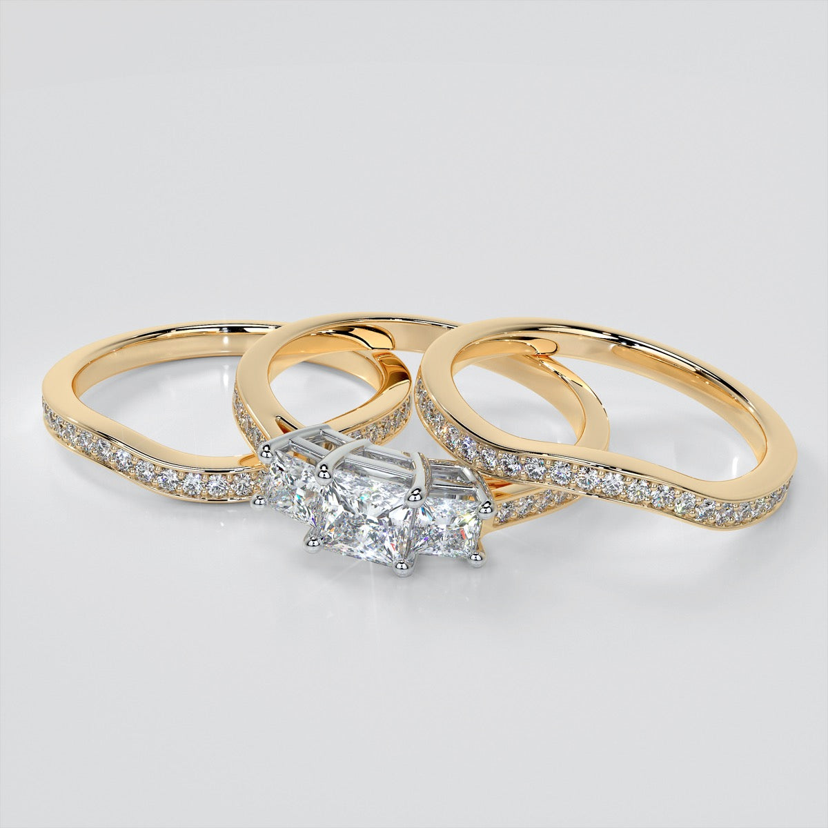 Princess Cut Accented Three Stone Wedding Set With 2 Matching Bands