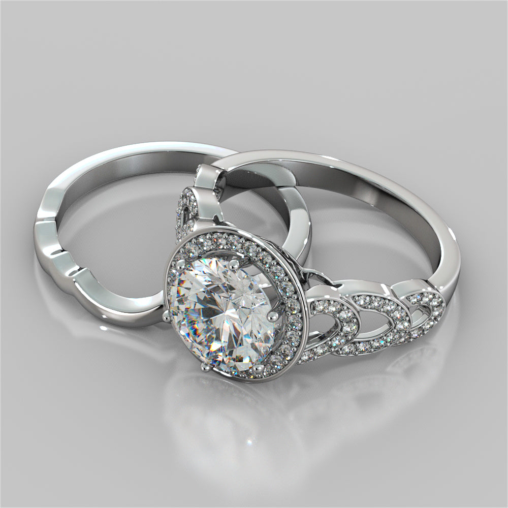 Round Cut Halo Cathedral Style Wedding Set With 2 Matching Bands