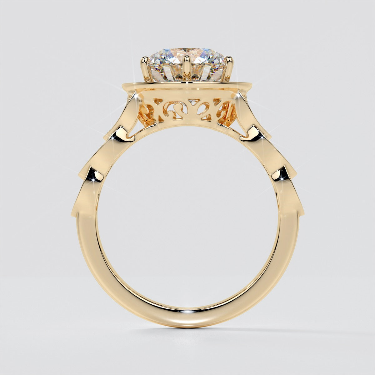Round Cut Halo Cathedral Style Wedding Set With 2 Matching Bands