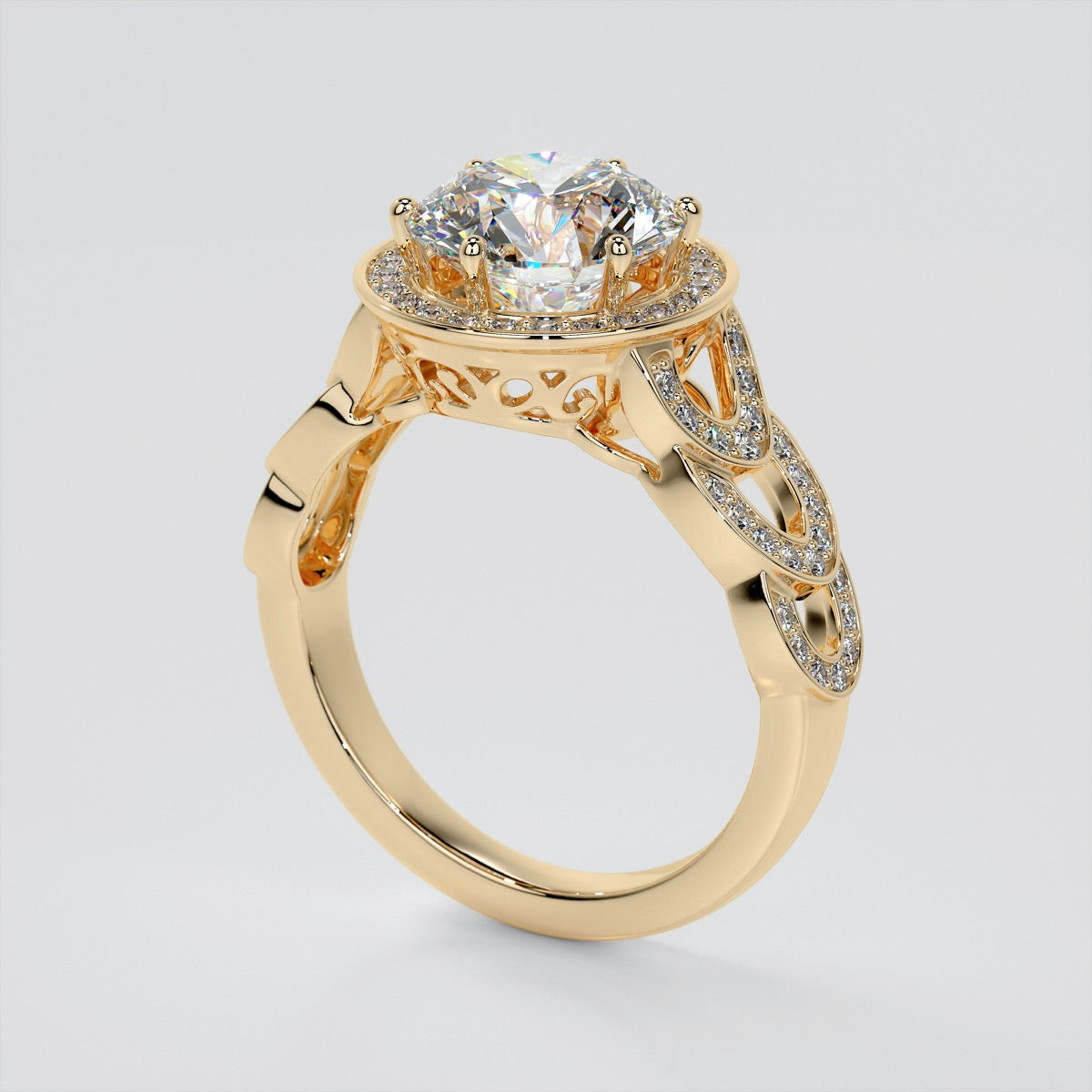 Round Cut Halo Cathedral Style Engagement Ring With Accents