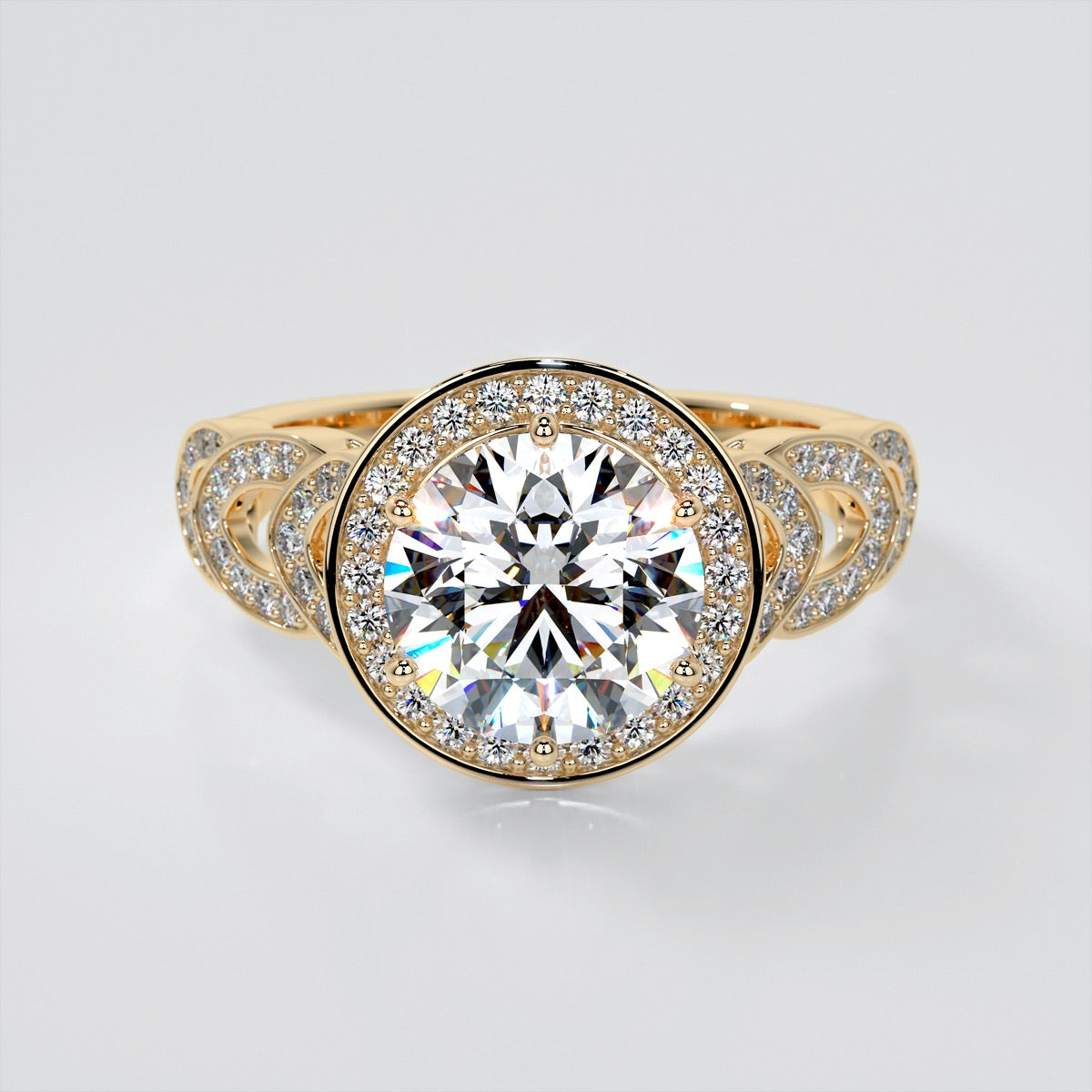 Round Cut Halo Cathedral Style Wedding Set With 2 Matching Bands