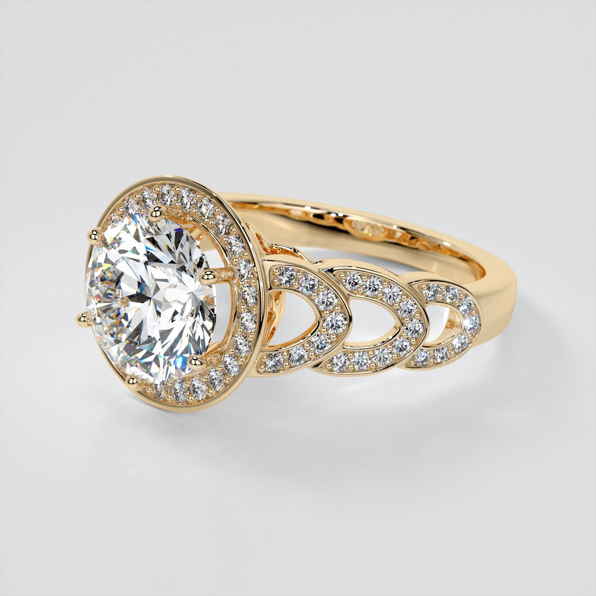 Round Cut Halo Cathedral Style Wedding Set With 2 Matching Bands