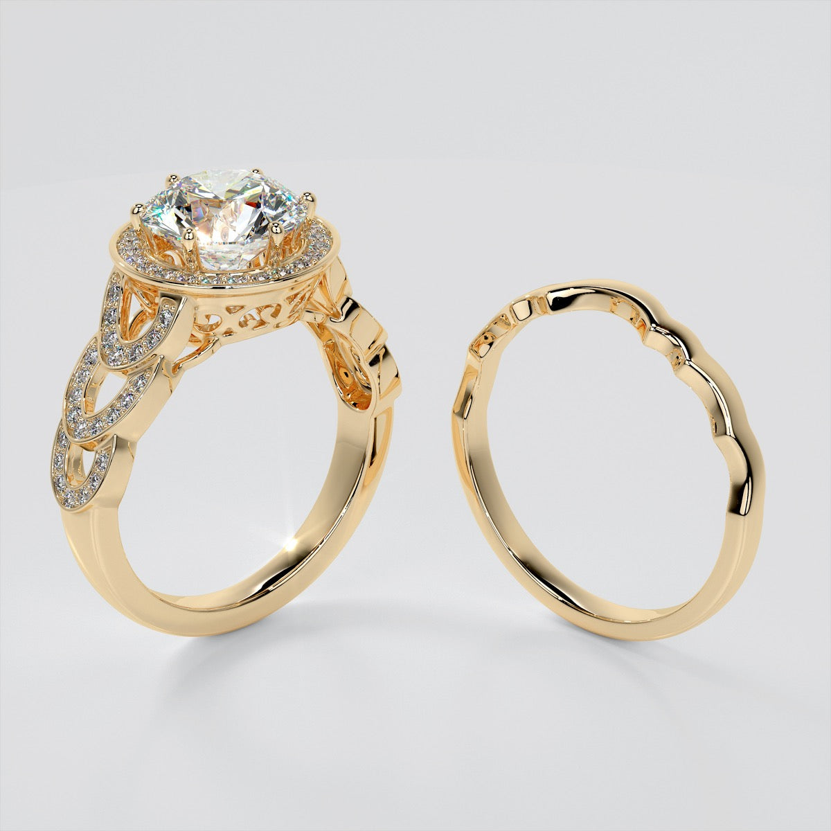 Round Cut Halo Cathedral Style Wedding Set With Accents