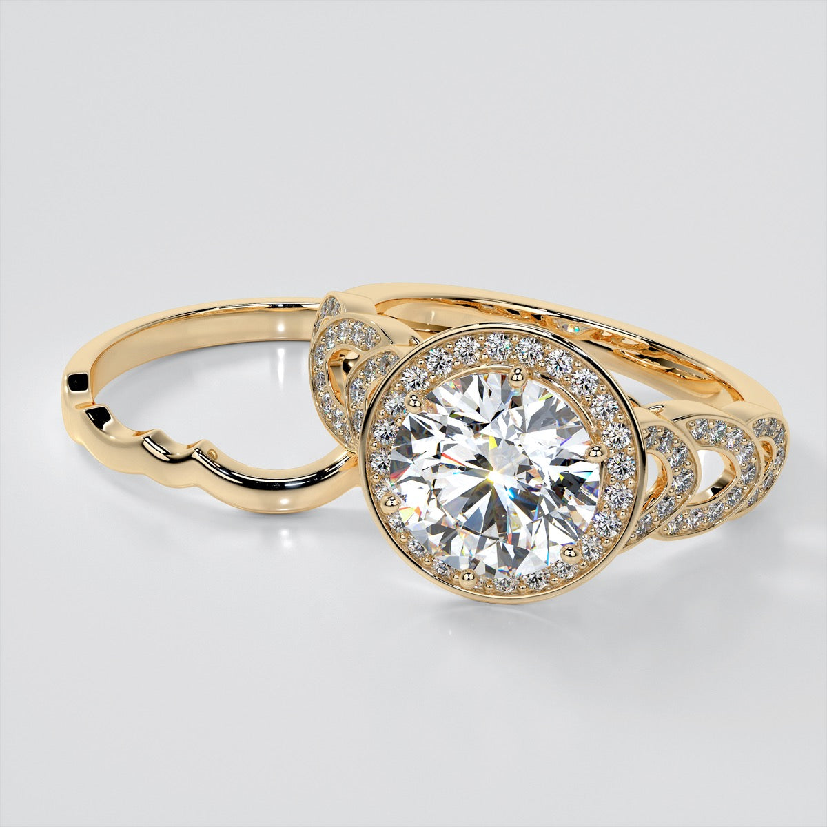 Round Cut Halo Cathedral Style Wedding Set With 2 Matching Bands