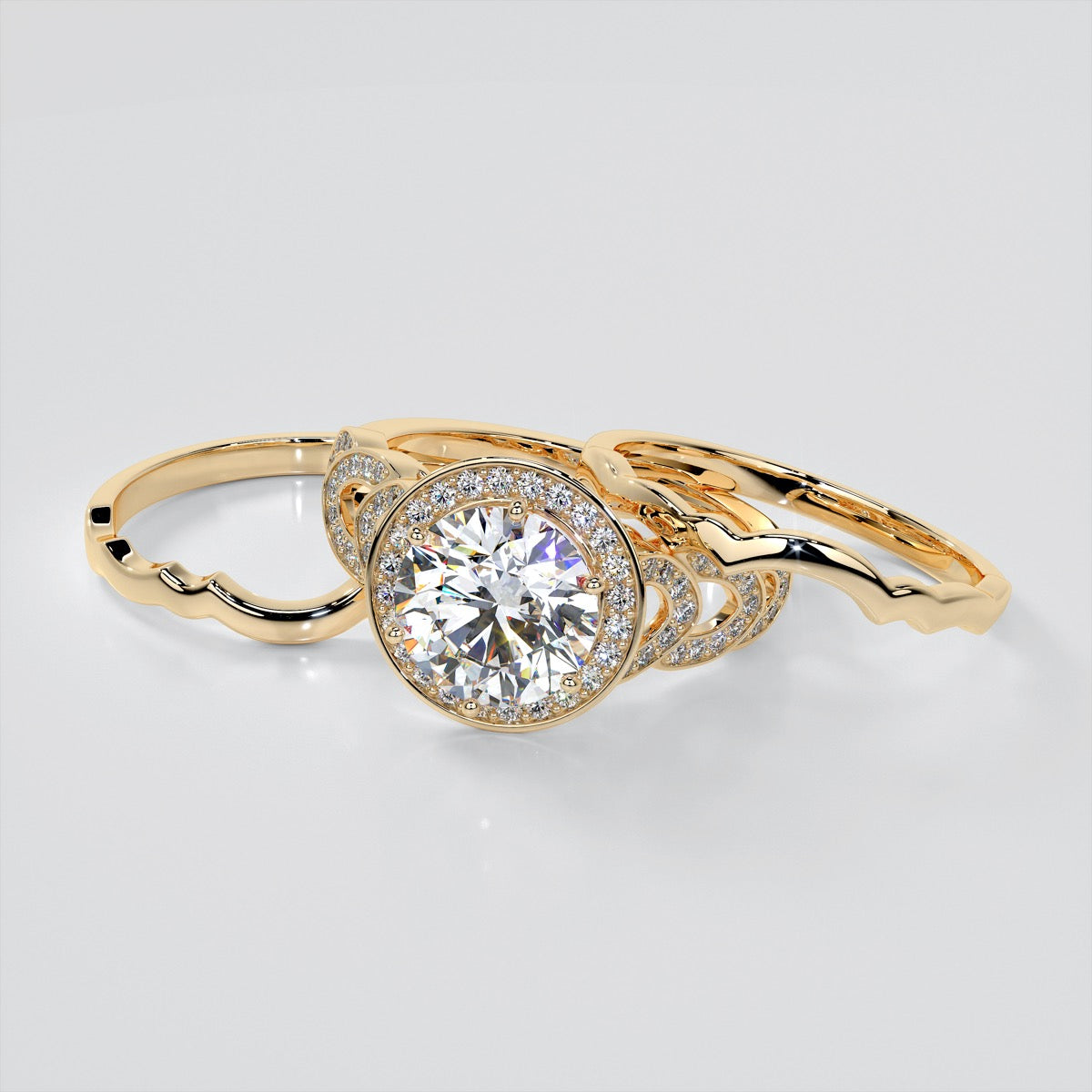 Round Cut Halo Cathedral Style Wedding Set With Accents