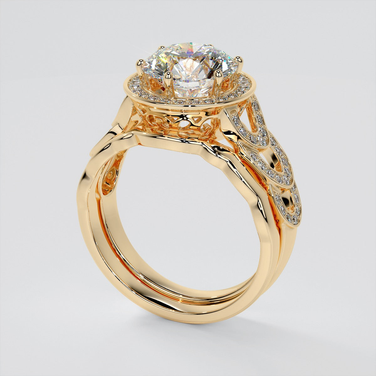 Round Cut Halo Cathedral Style Wedding Set With 2 Matching Bands