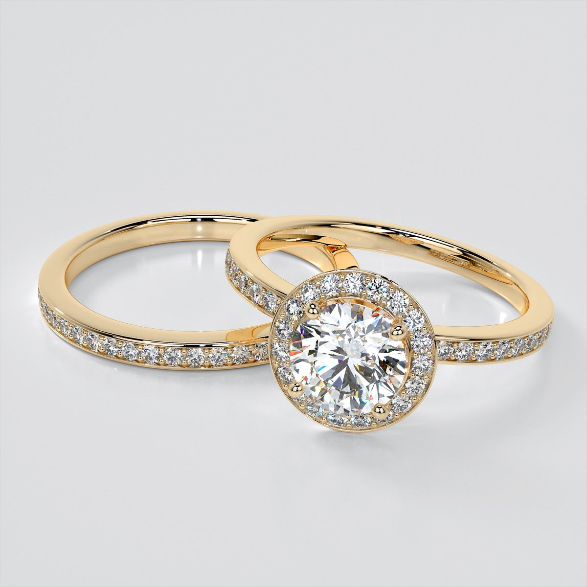 Round Cut Pavé Style Halo Wedding Set With 2 Matching Bands